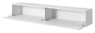 A white, wall-mounted cabinet with two open compartments and two doors that are hinged at the bottom and open downwards.