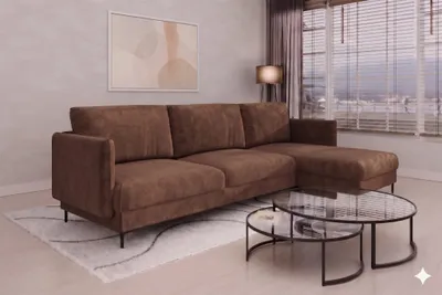 Produktbild von Ecksofa Designersofa HELMER Stoff Vibe Braun Ottomane Rechts