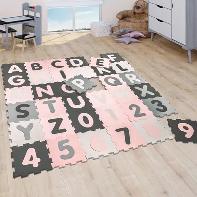 Produktbild von Puzzlematte Spielmatte Schaumstoffmatte Baby Kinder Matte Mädchen Zahlen Buchstaben Pastell Rosa 36 Puzzleteile Grösse 32x32 cm x 36 Stück
