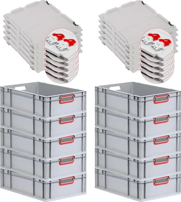 Produktbild von SuperSparSet 10x Eurobox NextGen Color mit Scharnierdeckel und Schiebeschnappverschlüssen | HxBxT 17x40x60cm | 34 Liter | Grau | Griffe rot offen | Glatter Boden | Eurobehälter, Transportbox, Transportbehälter, Stapelbehälter