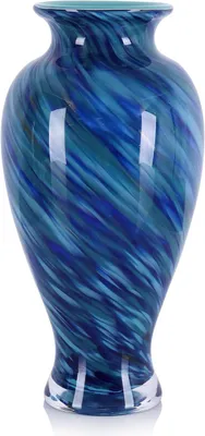 Imagen del producto de Vaso de vidrio soplado a mano, de color azul intenso, con una abertura amplia, ideal como elemento decorativo para ambientes con estilo costero. Decorativo, para salón o recibidor (azul océano), 30 cm