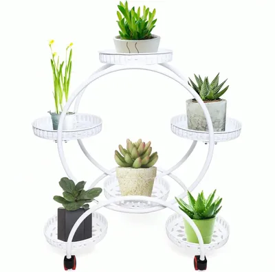 Image de Support de plantes pour pots de fleurs - Support rond en métal avec roulettes - Pour balcon et jardin, intérieur/extérieur - Blanc