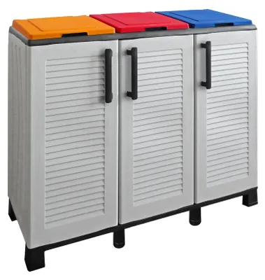 Produktbild von Abfallschrank für den Außen- oder Innenbereich, 3-türig 3-türige Tasche mit 3 Türen, 100%  Italy, 102x37h90 cm, hellgraue Farbe und farbige Deckel