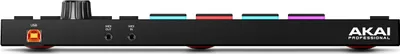 Side view of a black Akai Professional MPC Studio MIDI controller with colored pads and ports.