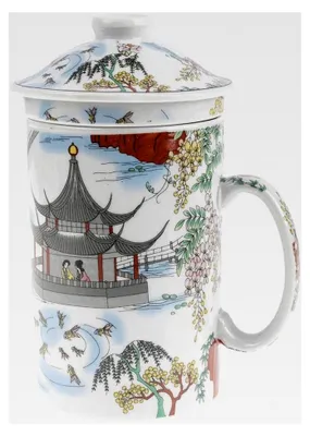Produktbild von Chinesische Tasse "Contemplation des Sees" - Porzellantasse mit Sieb und Deckel - Chinesische Malerei - Traditionelles Geschirr - Geschenkidee für Teeliebhaber