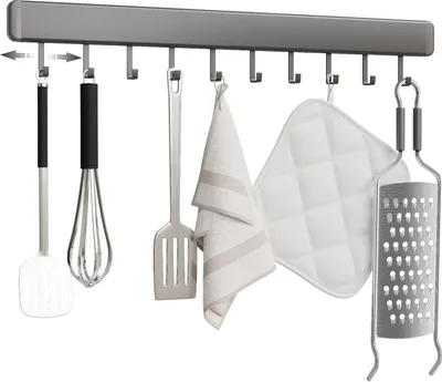 Produktbild von Selbstklebender Küchenutensilienhalter mit 10 beweglichen Haken - Wandmontierte Aluminium-Aufhängeleiste 50CM