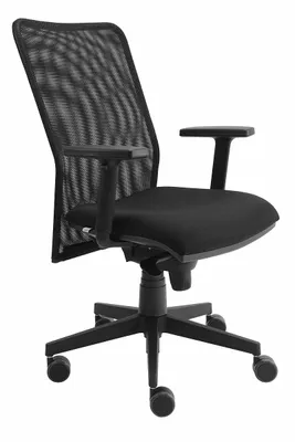 A black office chair with a mesh back and armrests, shown from a side-angle on a white background.