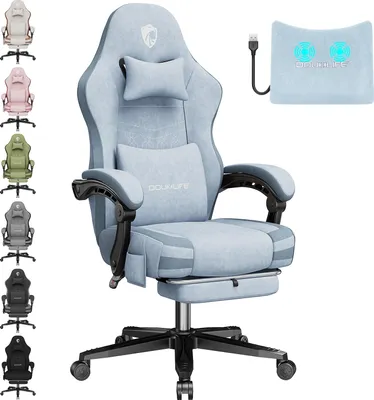 A light blue gaming chair with a footrest and a USB-powered lumbar pillow is shown. Several other gaming chairs in different colors are displayed vertically to the left of the main chair.