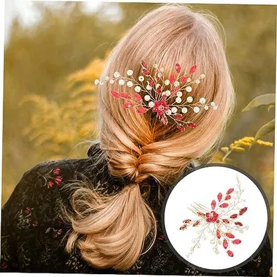 Produktbild von Roter Haarkamm für die Braut mit Perlen und Strasssteinen