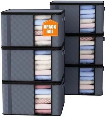 Produktbild von 6 Stück 60L Aufbewahrungstasche, Aufbewahrungsbox mit Deckel, Große Kleideraufbewahrung Umzugskartons, Faltbare Aufbewahrung Boxen für Bettdecken Decken Kleidung Unterbett Kleiderschrank