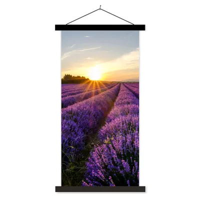 Produktbild von MuchoWow® Textilposter Lavendel - Blumen - Sonnenuntergang - Lila 40x80 cm mit schwarzem Rahmen - Wandemalerei