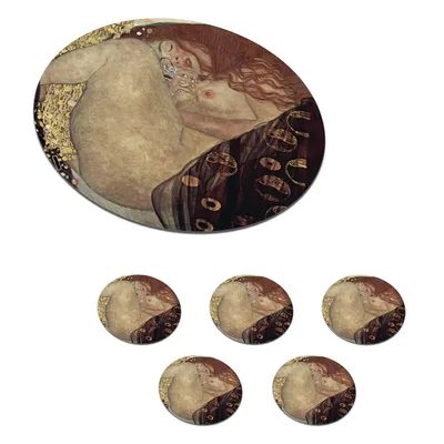 Obrázok produktu pre MuchoWow® Okrúhly sklenený podšálok, sada 6 ks Danaë - Gustav Klimt 10x10x0.3cm Podložky pod poháre - podložky pod nápoje - ochrana stolovej dosky -