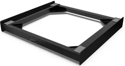 A black metal stacking frame for a washing machine.