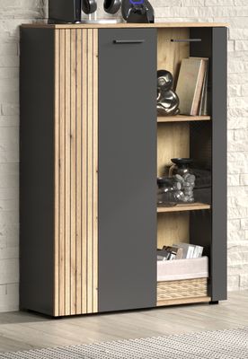 Highboard "Avila" grau und Eiche Vitrine 90 x 132 cm mit Beleuchtung