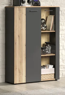 Produktbild von Highboard "Avila" grau und Eiche Vitrine 90 x 132 cm mit Beleuchtung