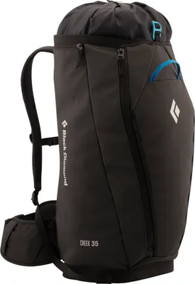 Schwarzer Climbing Rucksack "Creek 35" von Black Diamond mit blauen Akzenten und verstellbarem Deckel.