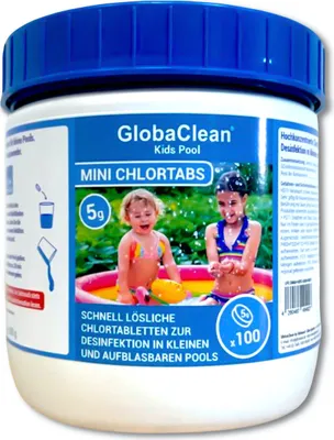 Produktbild von GlobaClean Chlor Mini Tabs - Schnelllösliche Chlortabletten für Pool, Aufstellpool, Kinderpools, Kinderbecken, Planschbecken & Whirlpool - Effektive Wasserpflege & Desinfektion - 500gr