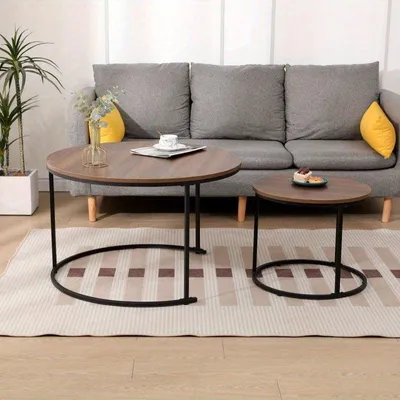 Immagine prodotto di Set di tavolini da salotto rotondi, in metallo e legno, colore marrone espresso, design salvaspazio