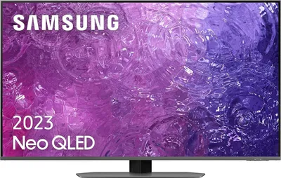 A Samsung Neo QLED TV with a colorful abstract background.