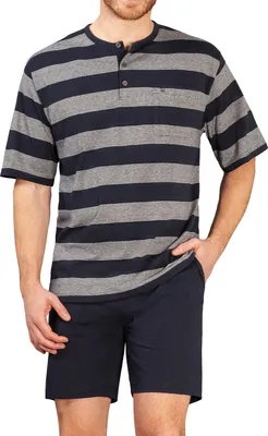 Immagine prodotto di set pigiama uomo hajo - shorty, corto, collo henley, clima-light, misto cotone blu XL