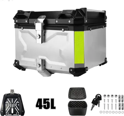 Produktbild von 45L Motorrad Topcase Motorrad Heckbox Reisen Motorradkoffer mit Sicherheitsschloss für Motorradhelm Helm, Wasserdicht Top Box, Silber