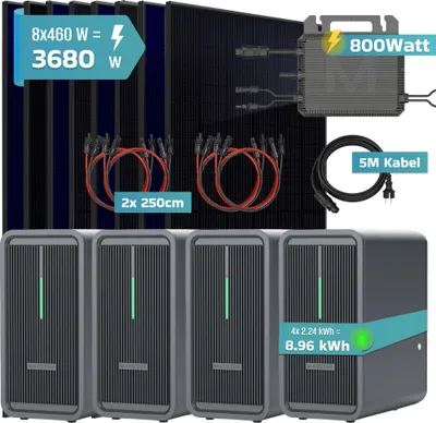 Produktbild von SUNNIVA® 3680W Balkonkraftwerk mit 8,96 kWh Speicher Marstek 4x B2500-D, 8x 460W BIFAZIAL FULLBLACK komplett Steckdose, PV Solaranlage + Solarspeicher