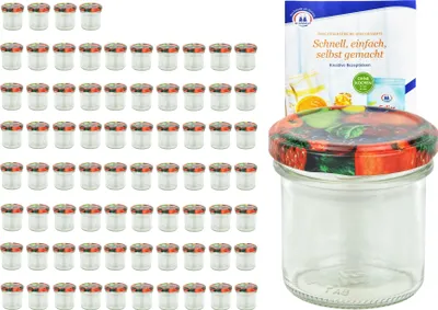 A set of small glass jars with decorative lids and a recipe booklet, presented on a white background.