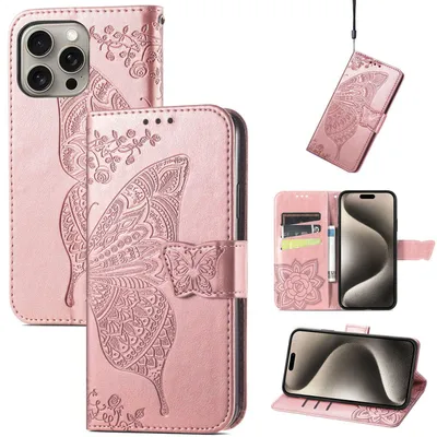 Obrázok produktu pre Pre Apple iPhone 16 Pro Syntetická koža peňaženka mobilný telefón puzdro Butterfly Design puzdro Pink