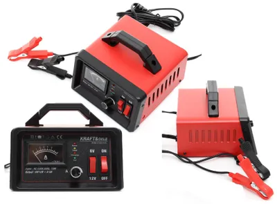 A collage of three images showing a red battery charger from different angles.