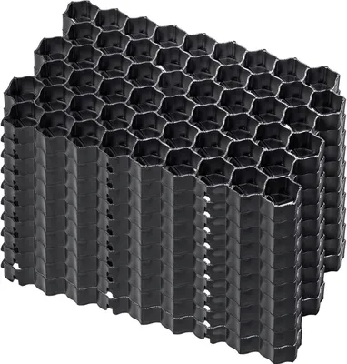 A stack of black honeycomb-shaped plastic grid structures.