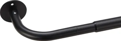 A close-up view of a black curtain rod with a mounting bracket.