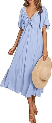 Produktbild von Sommerkleid für Damen, lässig, kurzärmlig, V-Ausschnitt mit Schleifenbindung, Rüschen, Midi-Länge, luftige Kleider