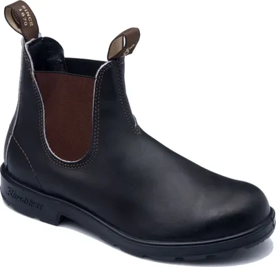 A studio shot of a black leather boot.