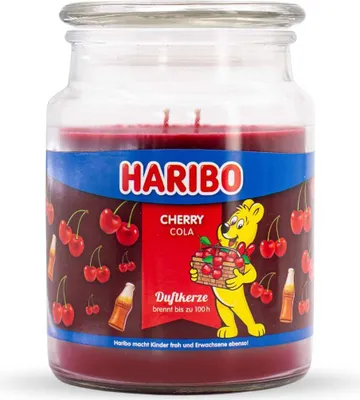 Produktbild von Haribo™ Duftkerze Cherry Cola, 2 Dochte, HxD: 13x10 cm, 100h Brenndauer, Kerze im Glas, Apfel, Beere, Kirsche, dunkelrot