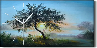 Produktbild von Wanduhr Uhr Wandbild Leinwand 60x30 Ölgemälde Baum Himmel Wasser Sonne Kunst - weiße Hände