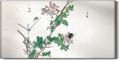 Produktbild von Wandkunst Leinwand Bild Uhr 60x30 Malerei Asiatische Blüten Blätter Insekten - weiße Hände