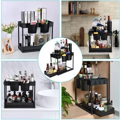 Produktbild von Famanu 2-Etagen Organizer für unter der Spüle - mit 4 Haken - für Badezimmer und Küche (schwarz)
