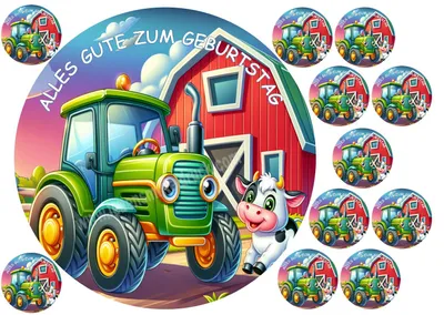 Produktbild von Traktor Bauernhof Kuh Tortenaufleger 20 cm rund mit Keksauflegern in 4 cm im Set auf Premium Fondantpapier