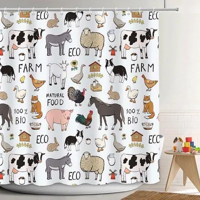 Productafbeelding van Azomor® Landhuis douchegordijn met dierenprint voor badkamerdecoratie
