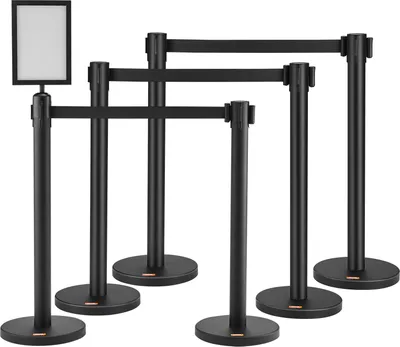 Obrázek produktu pro VEVOR systém navádění osob Bariérová páska Bariérové sloupky 6dílné, 2 m x 48 mm Černá zatahovací páska, systém navádění osob Bariérové sloupky se značkami pro letiště, veletrhy, místa konání soutěží atd.