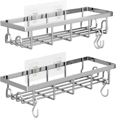 Produktbild von Duschablage ohne Bohren, 2 Stück Badezimmer Organizer, rostfreies Duschregal mit 4 abnehmbaren Haken, Metall Shampoo Halterung in Schwarz