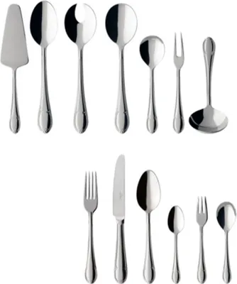 A collection of polished silverware arranged in two rows against a white background.