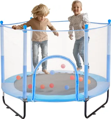 Produktbild von SucceBuy 60" Kindertrampolin, 5 Fuß Indoor Outdoor Mini-Kleinkindtrampolin mit Sicherheitsnetz und Basketballkorb, Geschenk für Kinder ab 3 Jahren, Blau