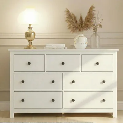 Image de Commode avec 7 tiroirs, 152 cm, meuble de rangement pour salon, couleur blanche