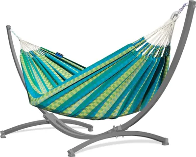 Produktbild von Potenza Outdoor Morena Hängematte mit Gestell für 2 Personen I 100% Baumwolle Doppelhängematte 230x160 cm, 220kg I Grau Hängemattengestell 220kg, wetterfest