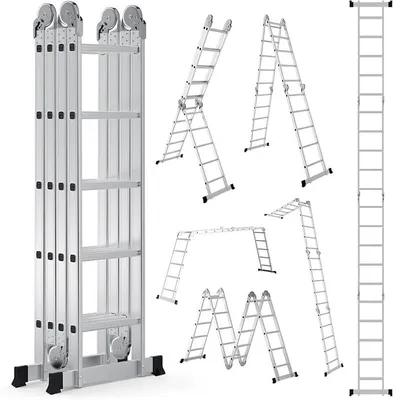 Produktbild von 7 in 1 Mehrzweckleiter 4x5 Stufen 578 cm aus Aluminium bis 150 kg | Multifunktionsleiter als Klappleiter, Gelenkleiter und Vielzweckleiter für den Haushalt
