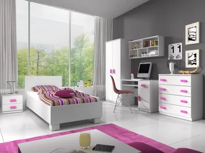 Produktbild von Kinderzimmer-Set Bett Schrank Wandregal Kommode Schreibtisch Nachttisch Weiß/Weiß mit rosanen  Griffen ohne Matratze Jonas I 01