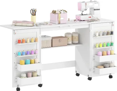 Produktbild von HOMCOM Klappbarer Nähtisch, rollbarer Nähmaschinenschrank mit 2 Magnettüren, 4 Ablagen, 20 Haken und Ablagefach, Nähmaschinenschrank für Wohnzimmer, Büro, Atelier, Weiß