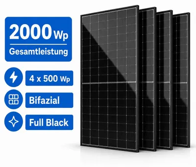 Produktbild von GreenSun Solar Solarmodul 4x 500W Bifazial Glas-Glas N-Type Full Black – 2000W PV Solarpanel Set für Balkonkraftwerk, Doppelglas, MC4, hohe Effizienz