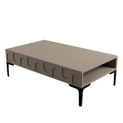 A taupe coffee table with black legs is shown against a white background.